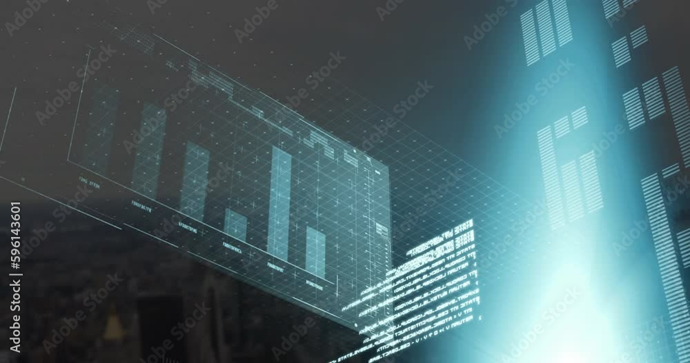Poster animation of interface with data processing and blue light spot against aerial view of cityscape