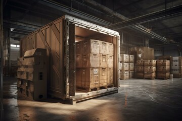 Giant fridge for cardboard boxes at a warehouse with industrial refrigeration equipment. 3D image. Generative AI