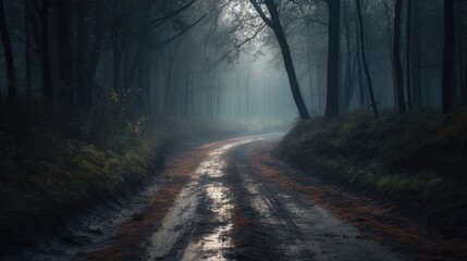 Fog forest road landscape at autumn generative ai