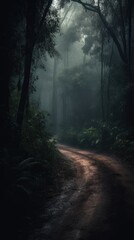 Jungle road moody landscape with heavy rain generative ai
