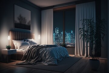 Bedroom interior in modern apartment with city view. Ai