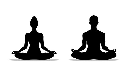 silhouette of a woman and a man practicing yoga, in the lotus position on a white background.