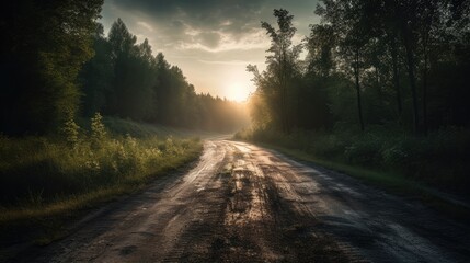 Fototapeta na wymiar Sunny forest road sunset summer landscape generative ai