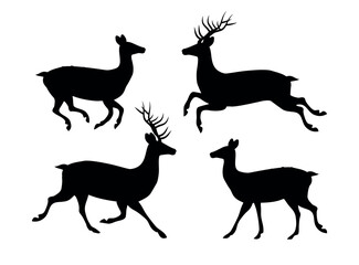 Vector set of flat hand drawn deer silhouette isolated on white background