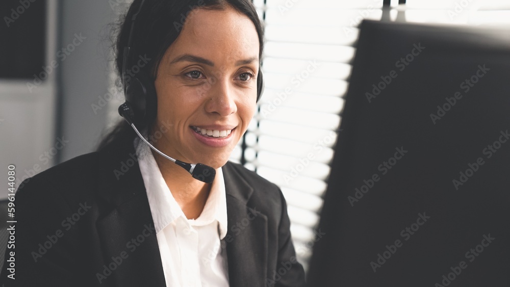 Aufkleber competent female operator working on computer and talking with clients. concept relevant to both cal