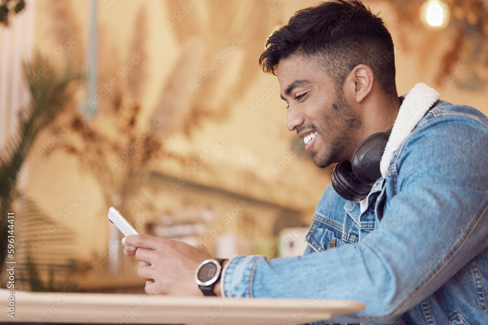 Poster come have some coffee with me. a young man using his smartphone to send a text message.