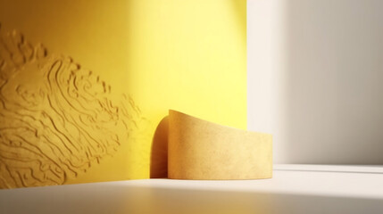 Blank yellow cement curve counter podium with texture, soft beautiful dappled sunlight, leaf shadow on white wall for luxury organic cosmetic, skincare, beauty treatment product background 3D
