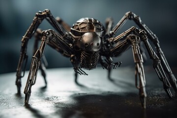 Robot spider made of black steel on white background. Generative AI