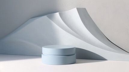Blank powder blue cement curve counter podium with texture, soft beautiful dappled sunlight, leaf shadow on white wall for luxury organic cosmetic, skincare, beauty treatment product background 3D
