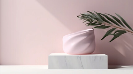 Blank pink cement curve counter podium with texture, soft beautiful dappled sunlight, leaf shadow on white wall for luxury organic cosmetic, skincare, beauty treatment product background 3D