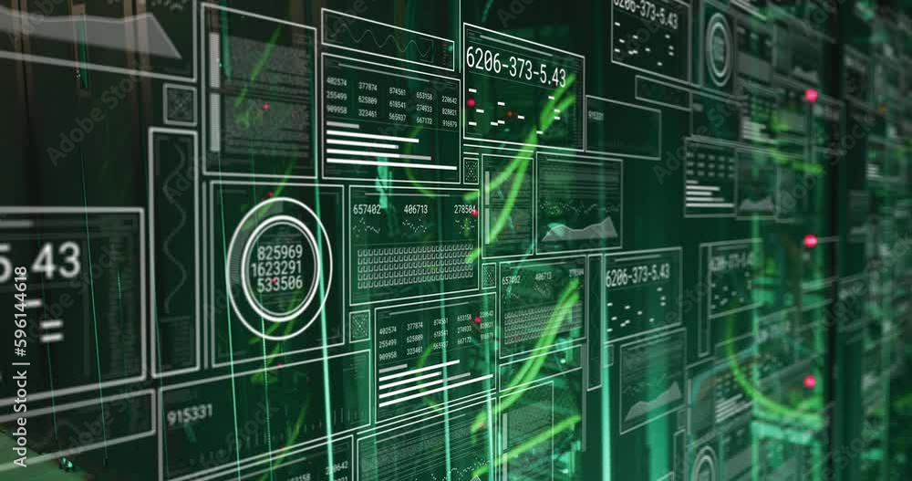 Poster animation of graphs, loading bars and circles with changing numbers over serve racks
