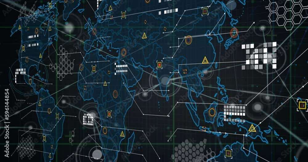 Poster animation of network of connections over grid network against world map on purple background
