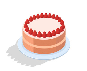 Cake in white icing with strawberry. Bakery, pastry and confectionery, homemade product. Sweet and sugar, dessert and delicacy. Poster or banner. Cartoon isometric vector illustration