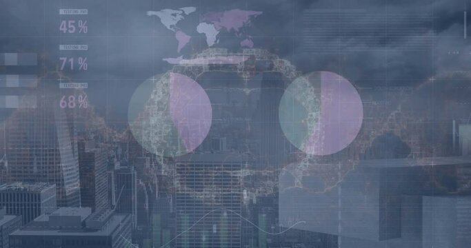 Animation of infographic interface and digital brain, dna helix over cityscape against cloudy sky - Powered by Adobe