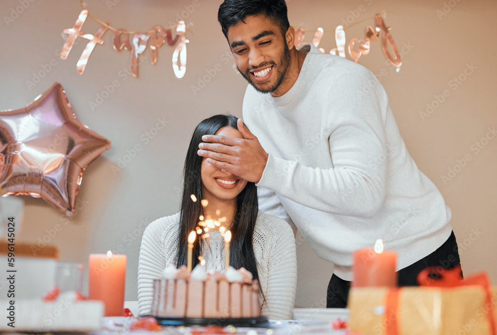 Wall mural are you ready for your big surprise. a young couple celebrating a birthday at home.