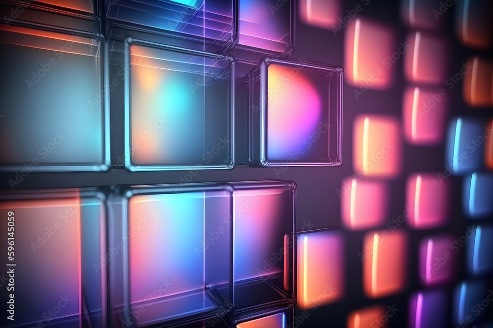 Wall mural abstract background with neon holographic square elements. neural network ai generated art