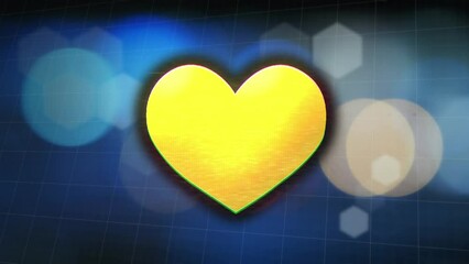 Animation of yellow heart over lens flares against grid pattern on blue background