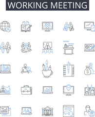 Working meeting line icons collection. Innovative, Accessible, User-friendly, Convenient, Immersive, Dynamic, Personalized vector and linear illustration. Integrated,Secure,Efficient outline signs set