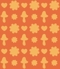 Vector seamless pattern of retro groovy flowers and mushrooms silhouette isolated on orange background