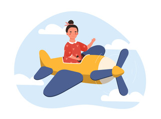 Girl on plane. Kid or child flies in sky and clouds. Sticker for social networks and instant messengers. Pilot and Aviation. Imagination and fantasy. Cartoon flat vector illustration