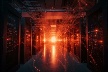Data center ablaze with supercomputers on fire. Generative AI