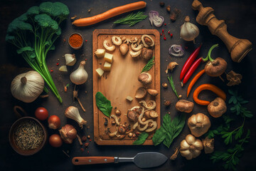 Food background. Rustic wooden board. Vegetables, mushrooms, roots, spices - ingredients for vegan, cooking. Healthy eating, diet, comfort slow food. concept. Old kitchen table, top view	 - obrazy, fototapety, plakaty