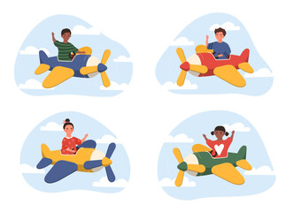 Kids on plane. Boys and girls flying in sky. Novice pilots, imagination and fantasy. Collection of graphic elements for website. Cartoon flat vector illustrations isolated on white background