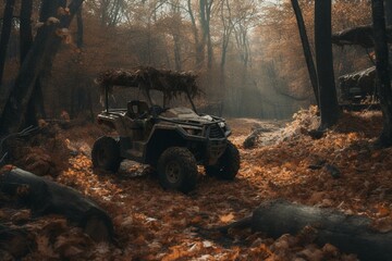 Fototapeta na wymiar An abandoned fall woods trail with an ATV parked in the woods. Generative AI