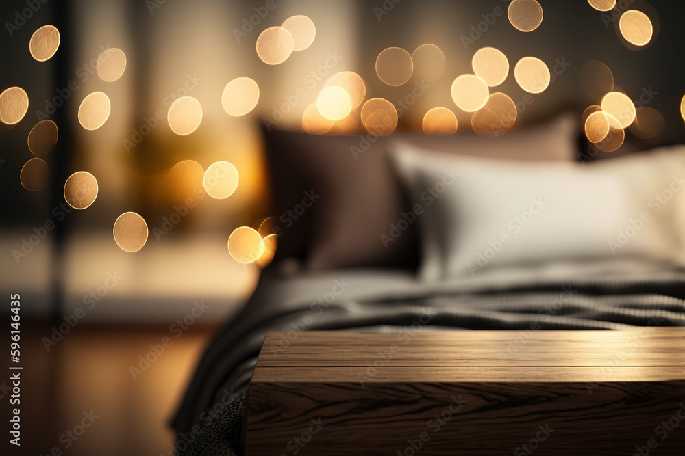 Poster table-top view of beside table or nightstand on blurred cozy night ambiance bedroom with glistening 