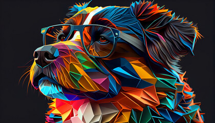 colorful neon low poly art of a dog wearing glasses