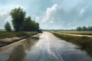 Imitation oil paint of Road Across River Chegem. Illustration. Generative AI