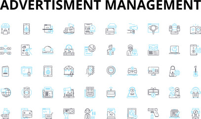 Advertisment management linear icons set. Advertising, Strategy, Budgeting, Analysis, Optimization, Campaign, Targeting vector symbols and line concept signs. Metrics,Performance,Creativity