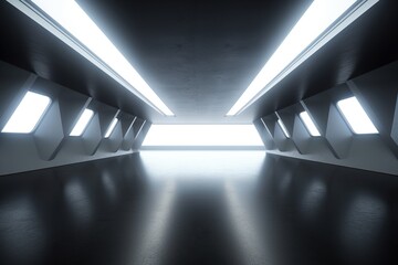 Futuristic modern empty hall. Ai. With reflections glowing white light and windows from side