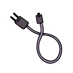 Mobile phone charger. Simple vector icon. USB cable with adapter for charging headphones, tablet, computer. Flat cartoon doodle, hand drawn. Illustration isolated on white. Clipart for web, prints