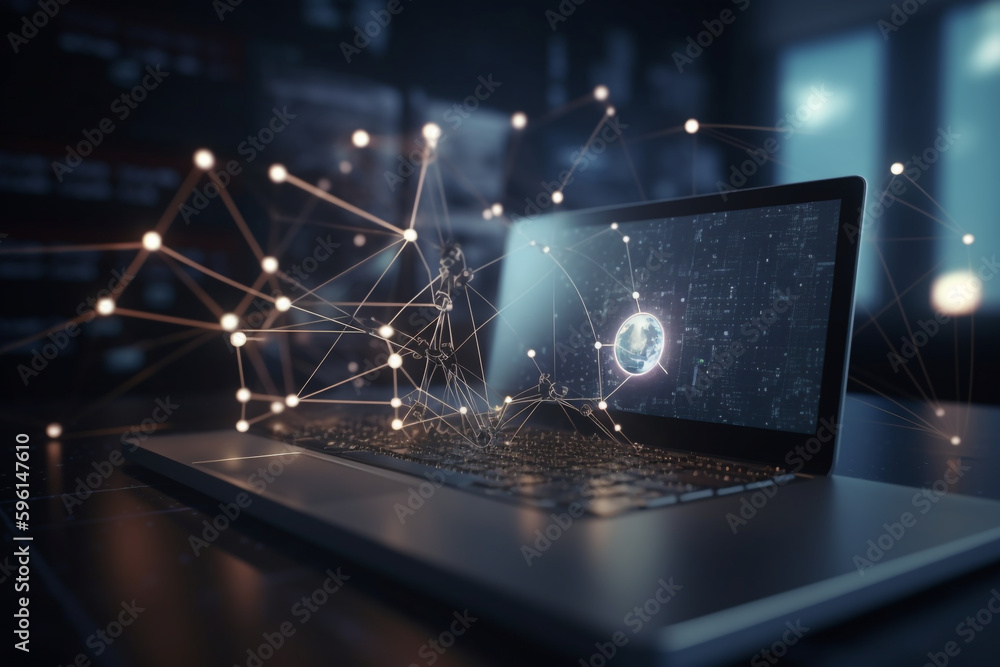 Poster data technology and social connection concept with laptop and network visualization, generative ai