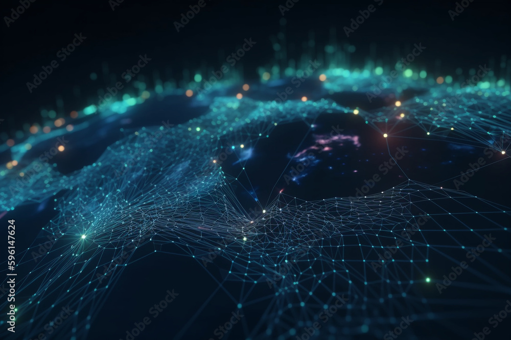 Poster big data technology background with internet network visualization, generative ai