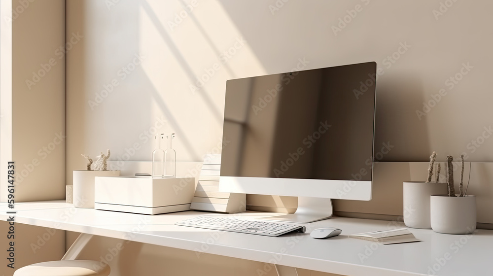 Poster a modern home office with a stylish desktop computer in white and warm colours. generative ai