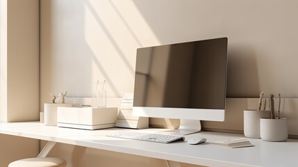 a modern home office with a stylish desktop computer in white and warm colours. Generative AI
