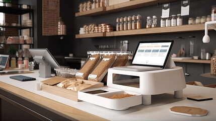 a modern cash register in a bakery. Generative AI - obrazy, fototapety, plakaty