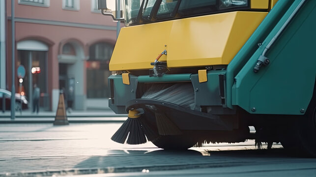 closeup of a street sweeper sweeping the streets. Generative AI