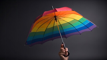 a hand holding a rainbow colored umbrella isolated on dark background. Generative AI