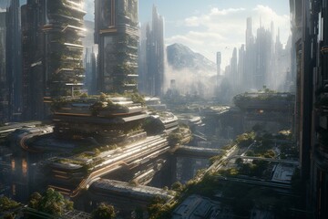 An illustration of a high-tech, futuristic smart city skyline, built with cutting-edge technology. Generative AI