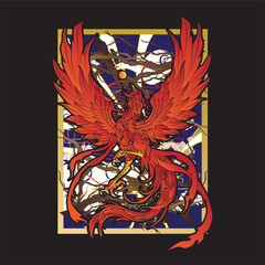 phoenix illustration with japanese style background