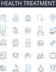 Health treatment line icons collection. Medical care, Wellness program, Disease management, Therapeutic approach, Fitness regimen, Rehabilitation plan, Physical therapy vector and linear illustration