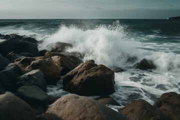 Coastal scene of waves crashing on rocks. Generative AI