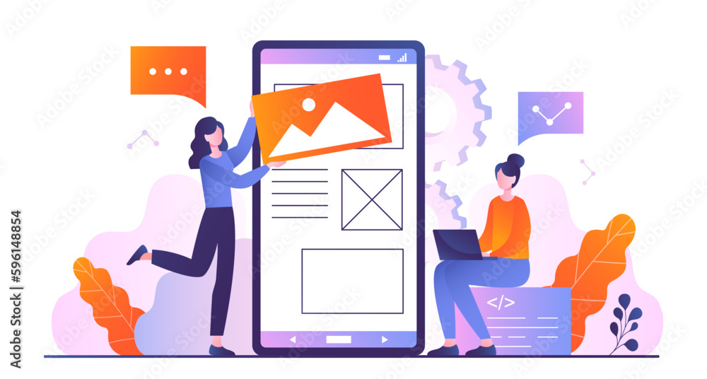 Aufkleber program interface development concept. women stand near screen of smartphone and develop element for