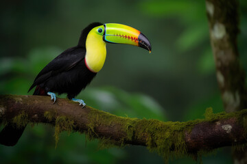 Obraz premium Keel billed Toucan, Ramphastos sulfuratus, large billed bird, Boca Tapada, Costa Rica, perched on a branch in the forest. Central American travel to natural areas, generative AI