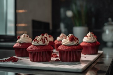Red velvet cupcakes resting on a marble slab. Generative AI