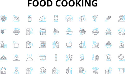 Food cooking linear icons set. Saut??ing, Grilling, Baking, Frying, Roasting, Braising, Boiling vector symbols and line concept signs. Simmering,Stir-fry,Steaming illustration