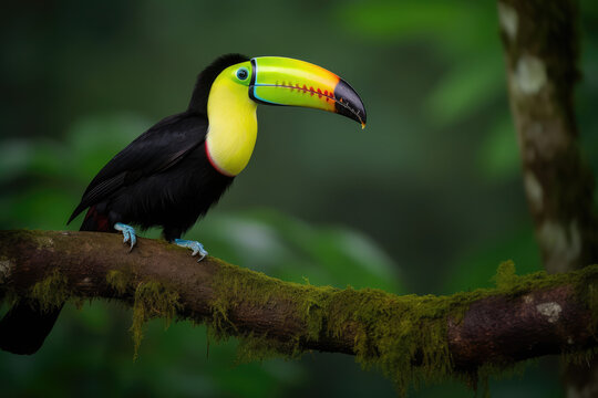 Keel billed Toucan, Ramphastos sulfuratus, large billed bird, Boca Tapada, Costa Rica, perched on a branch in the forest. Central American travel to natural areas, generative AI